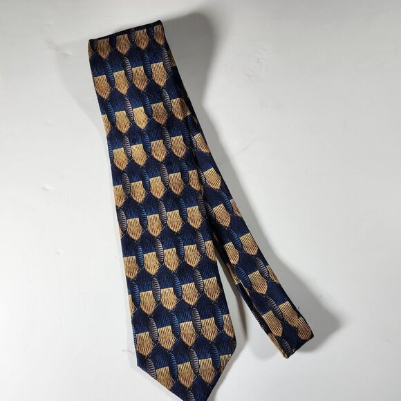 Bill Blass Necktie Men's Tie Silk Blue Gold and Grey Geometric Pattern - Picture 2 of 7